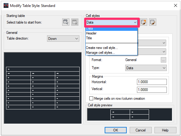 Table Style Manager, Cell styles menu, Data option