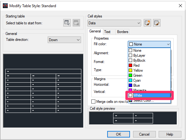 Selecting a color from the fill color menu