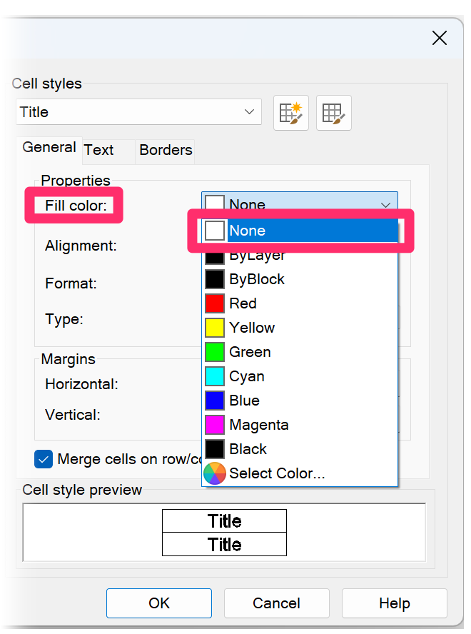 Table Style Manager, selecting the None option in the Data, Header, and Title menus