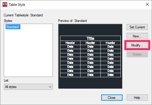Table Style Manager, Modify button