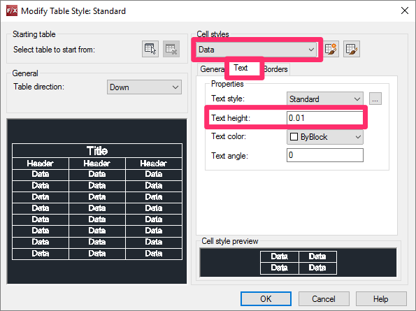 Modify Table Style dialg box, Text height setting