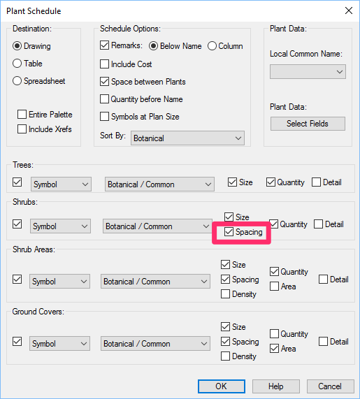 Plant Schedule dialog box, Spacing option selected