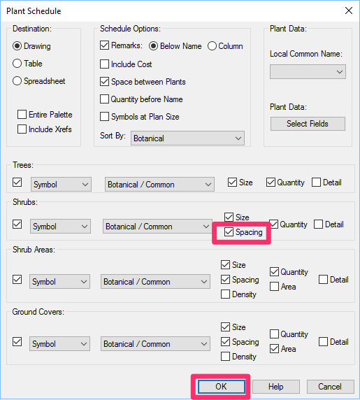 Plant Schedule dialog box, Spacing option selected