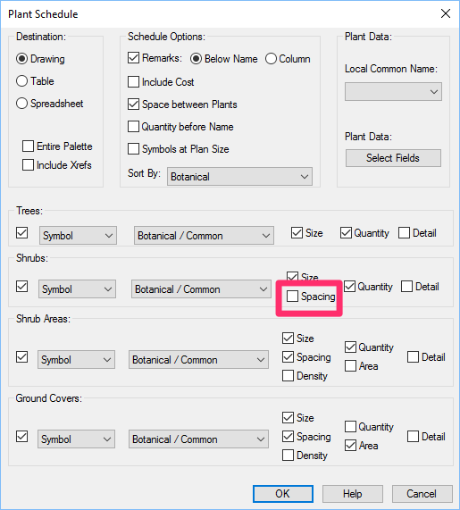 Plant Schedule dialog box, Spacing option unchecked