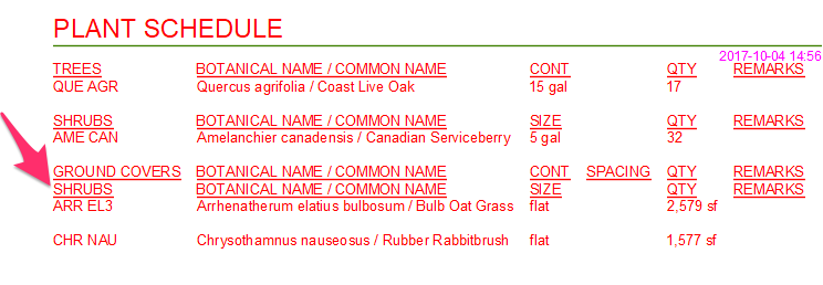 Plant Schedule showing a groundciver assigned the code SHRUBS