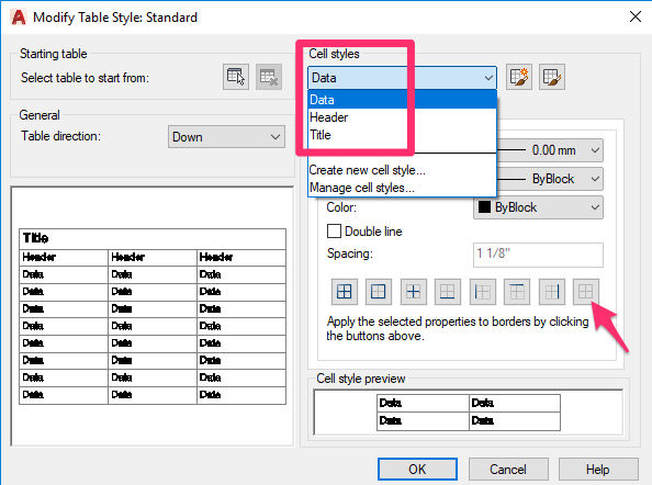 Modify Table Style dialog box, Borders tab, Header and Title menu options, Spacing option with no borders