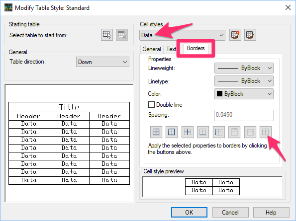 Modify Table Style dialog box, Borders tab, Data menu option, Spacing option with no borders