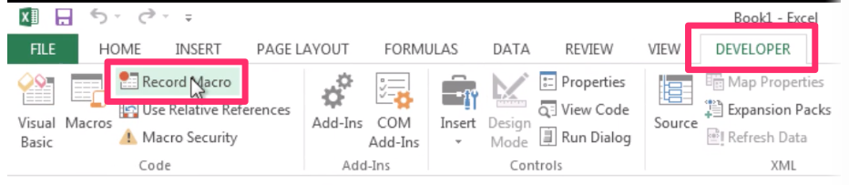 MS Excel, DEVELOPER tab, Record Macro button