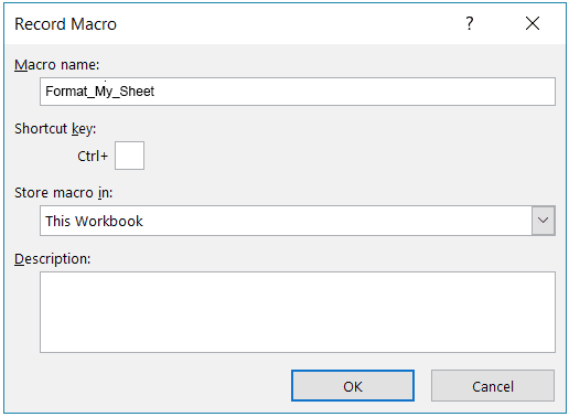 Record Macro dialog box, adding a macro name and description