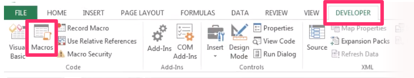 MS Excel, DEVELOPER tab, Macros button