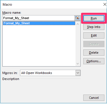 Macro dialog box, selecting a macro and clicking Run