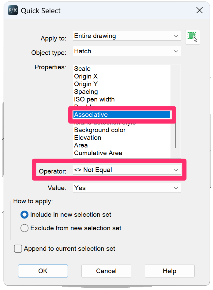 Quick Select dialog box showing Associative and Not equal options