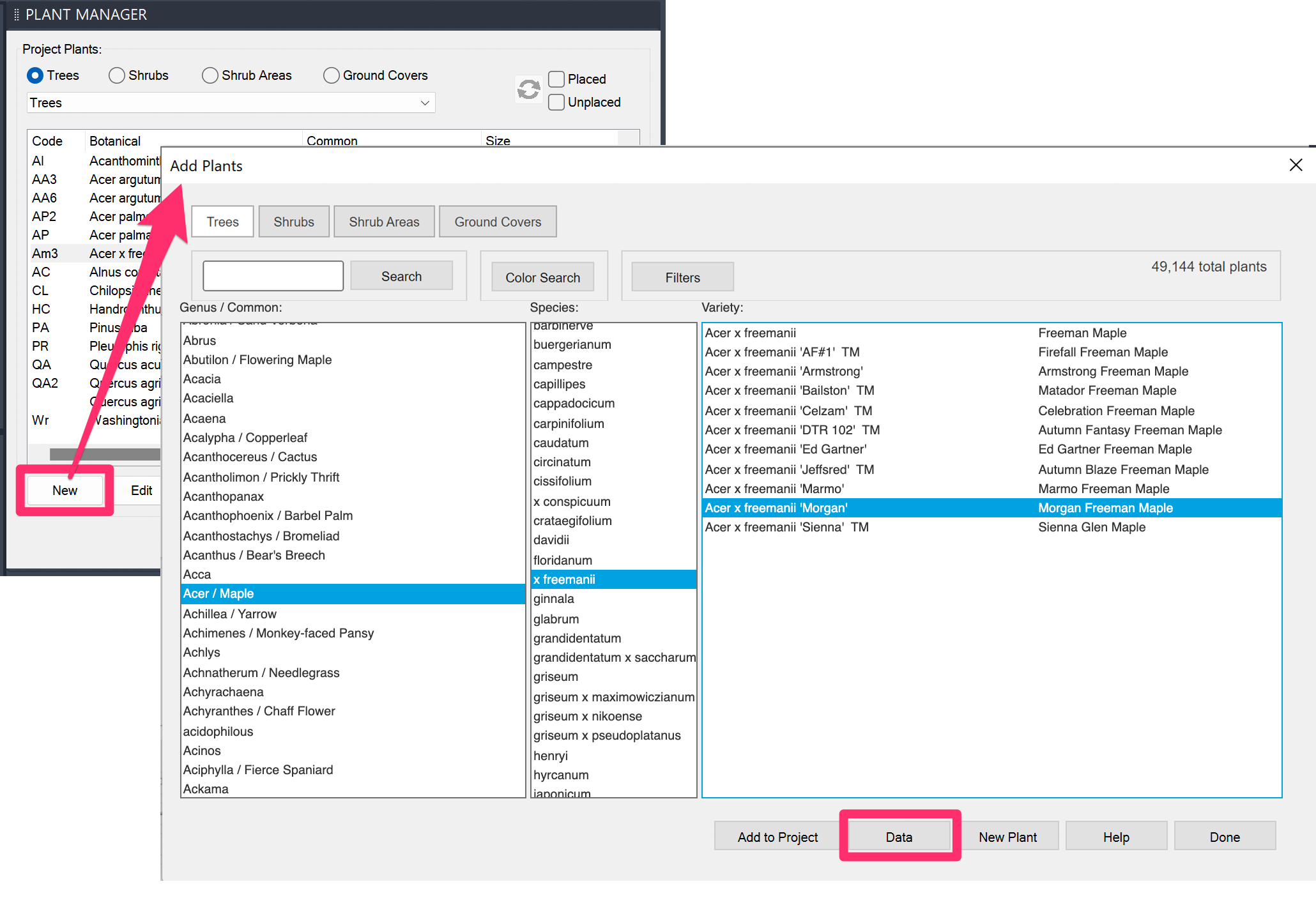 Plant Manager, New button, and Add Plants dialog box, Data button