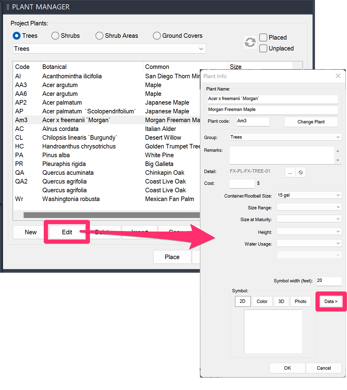 Plant Manager, Edit button, and Plant Info dialog box, Data button