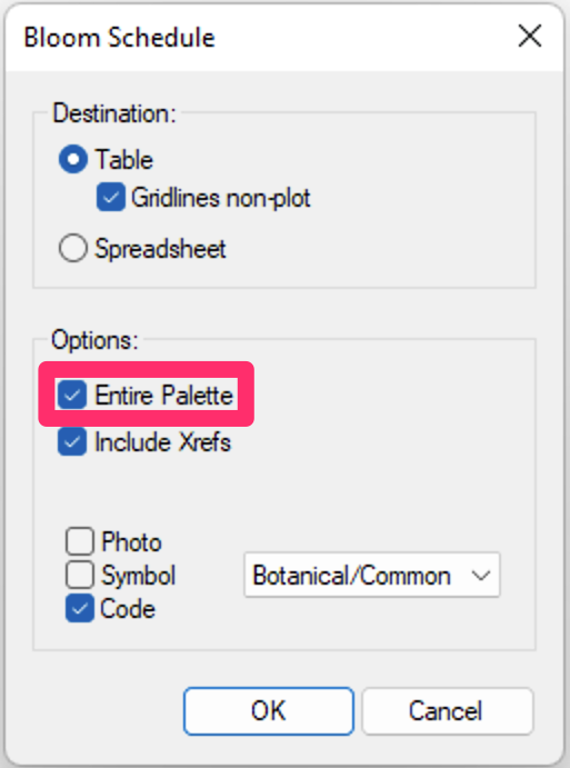 Bloom Schedule dialog box, Entire Palette option selected