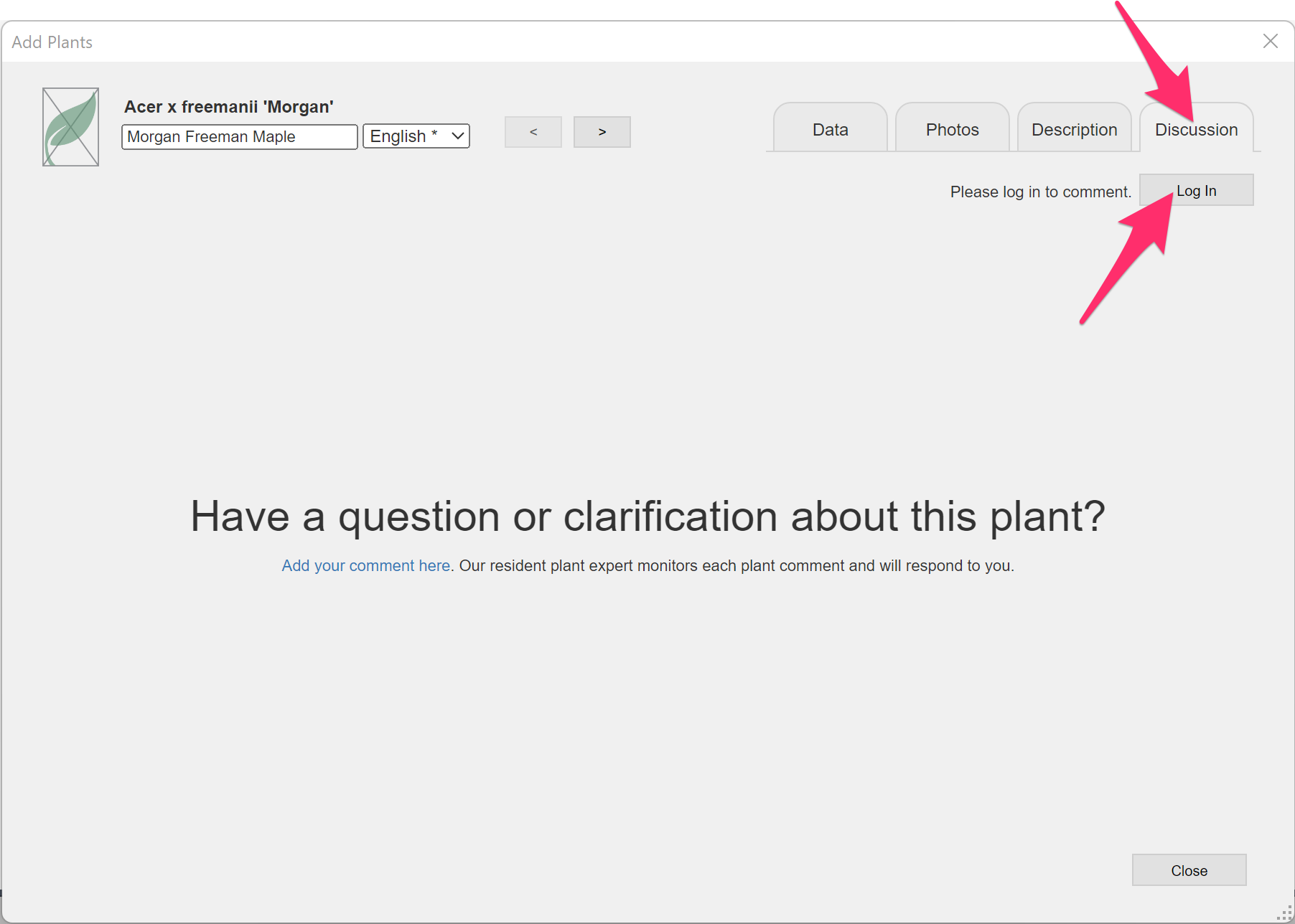  Add Plants dialog box, Discussion tab and Log In button