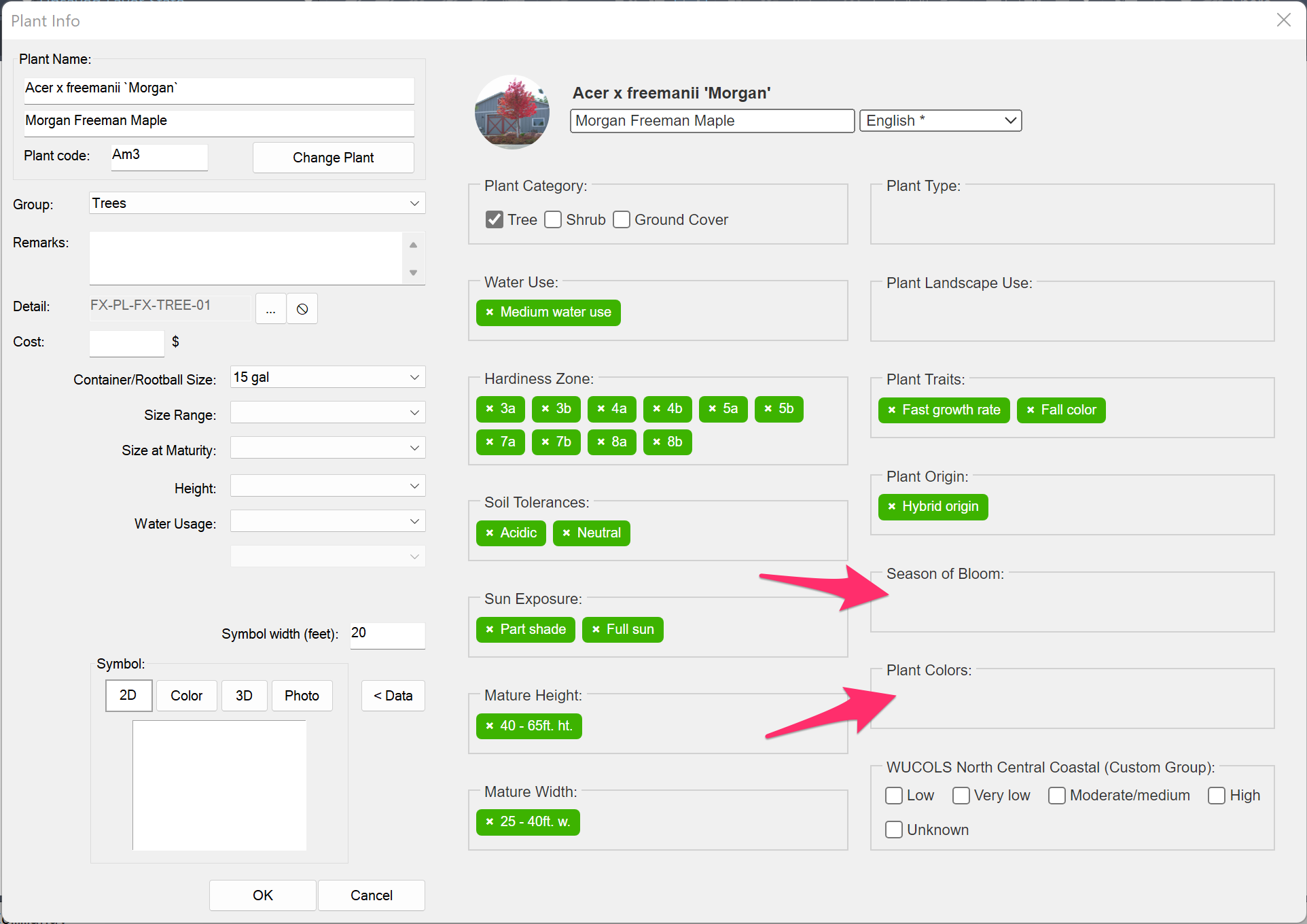  Add Plants dialog box, Season of Bloom and Plant Colors menus