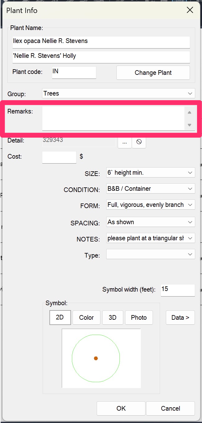 User field in Plant Info dialog box