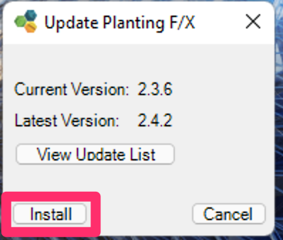 Update Planting F/X screen, Install button