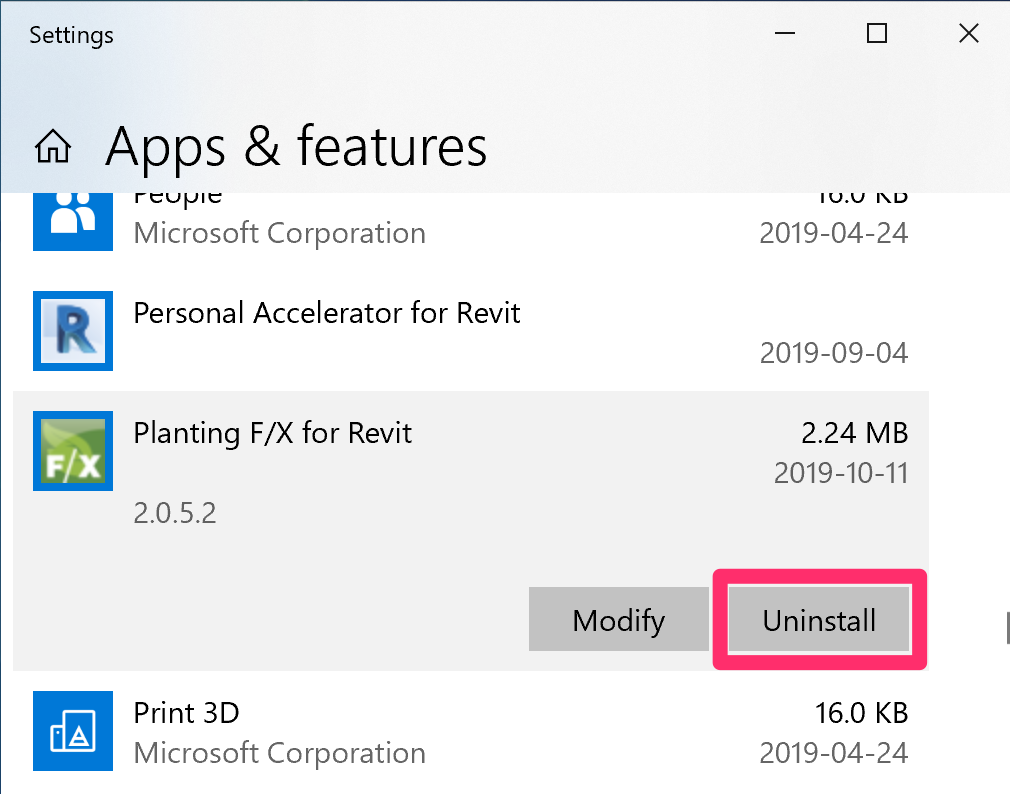 Apps and Features dialog box, Planting F/X for Revit section, Uninstall button