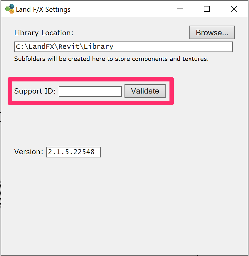 Land F/X Settings dialog box in Revit, Support ID text field