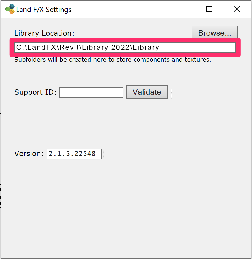 Land F/X Settings dialog box in Revit, library location