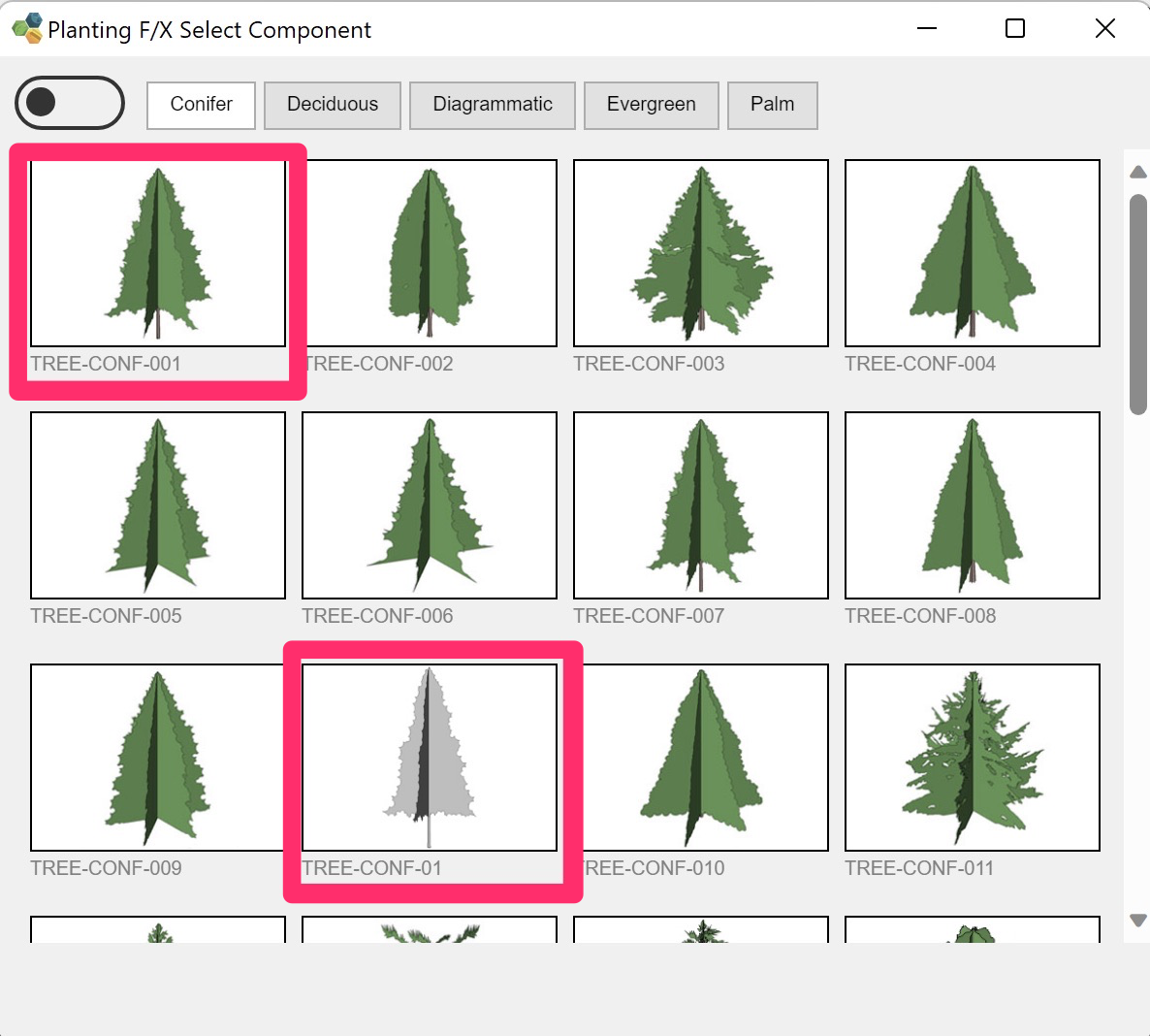 Planting F/X Select Component dialog box in Revit showing duplicate gray symbol