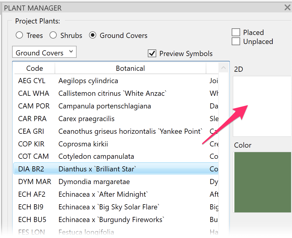Planting F/X Plant Manager in Revit showing unassigned hatch
