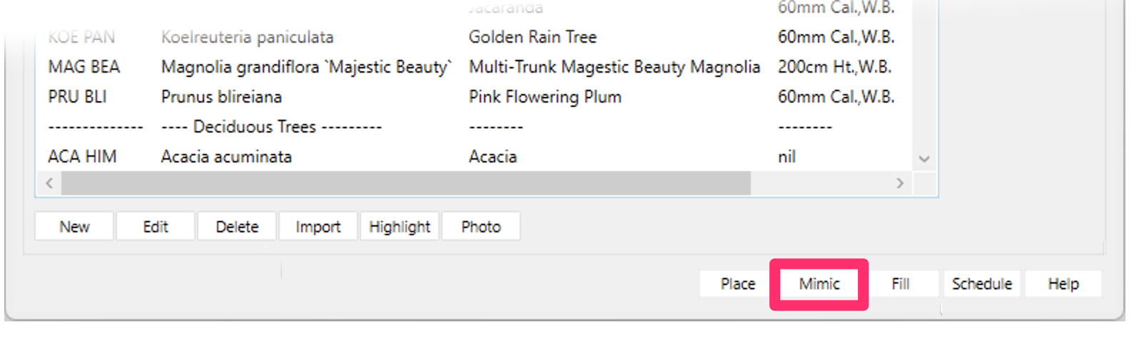 Planting F/X Plant Manager in Revit, Mimic button
