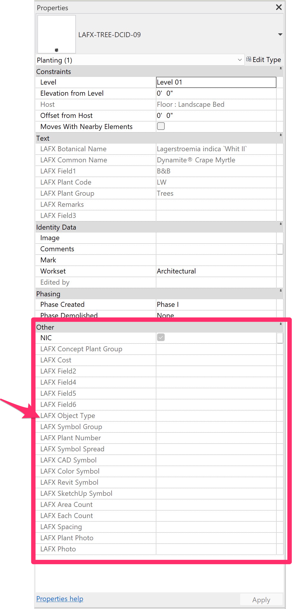 Revit Properties showing empty LAFX parameters