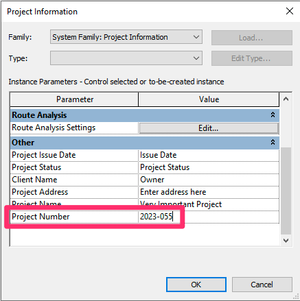 Land F/X project number in Revit Project Information