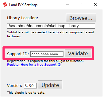 Land F/X Settings dialog box in SketchUp, Support ID listing, Validate button