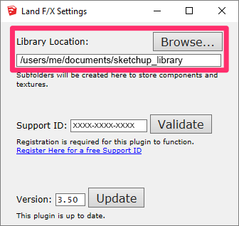 SketchUp Settings dialog box, browsing to a library location