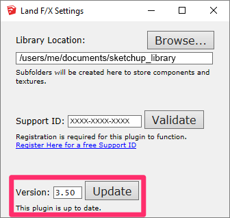 Land F/X Settings dialog box in SketchUp, Update button