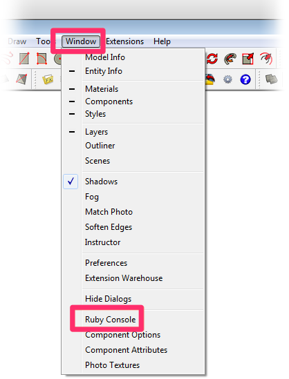 Window menu in SketchUp, Ruby Console option