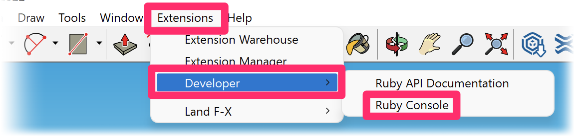 Extensions menu in SketchUp, Ruby Console option