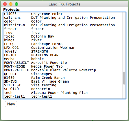 Land F/X Projects dialog box in SketchUp missing some projects