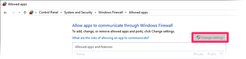 Windows Firewall app, Change settings button