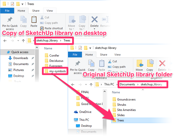 Dragging folder containing custom symbols into the Trees folder within the original SketchUp library