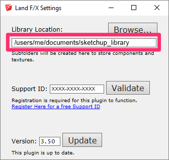 Land F/X Settings dialog box in SketchUp, library location