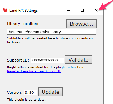 Ensuring that the SketchUp library points to a folder named Library and closing the Land F/X Settings dialog box in SketchUp