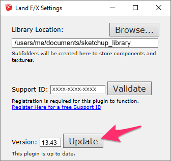 Land f/X Settings dialog box in SketchUp, Update button