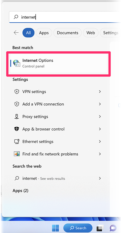 Internet Options in Windows Start menu