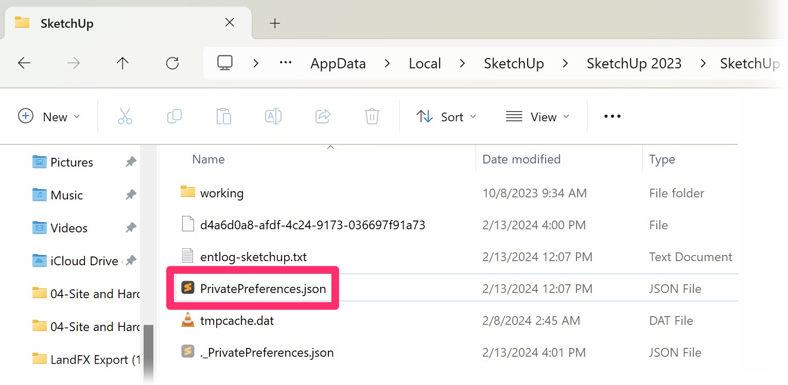 PrivatePreferences.json file in the location C:\Users\username\AppData\Local\SketchUp\SketchUp 20XX\SketchUp
