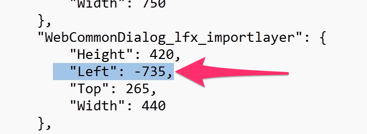 WebCommonDialog_lfx section for Import Layer dialog box showing a negative value