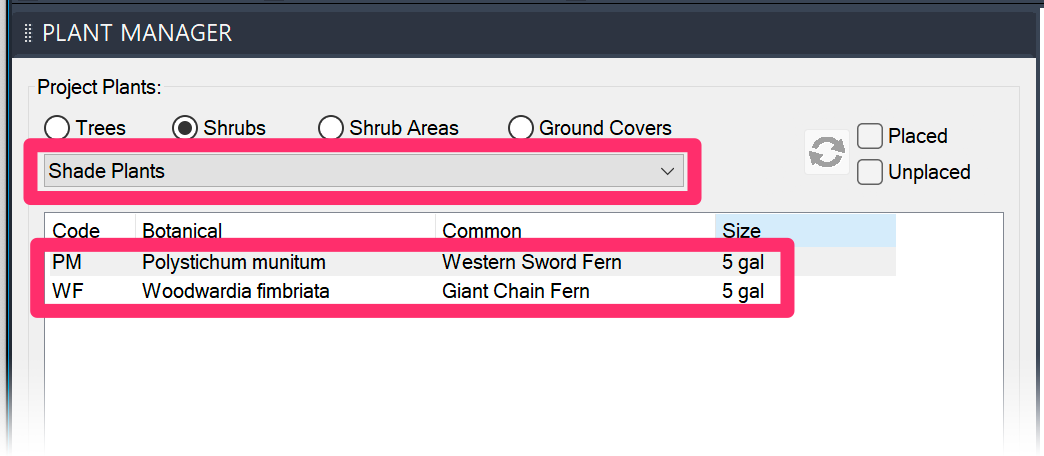 Plant list filtered by subcategories
