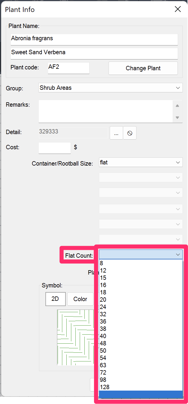 Plant Info dialog box, Flat Count menu
