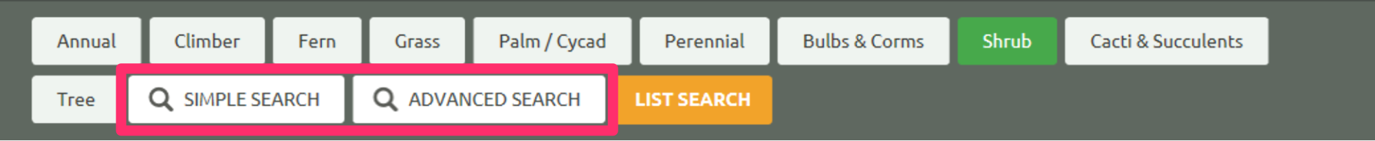 PlantFile database, search options
