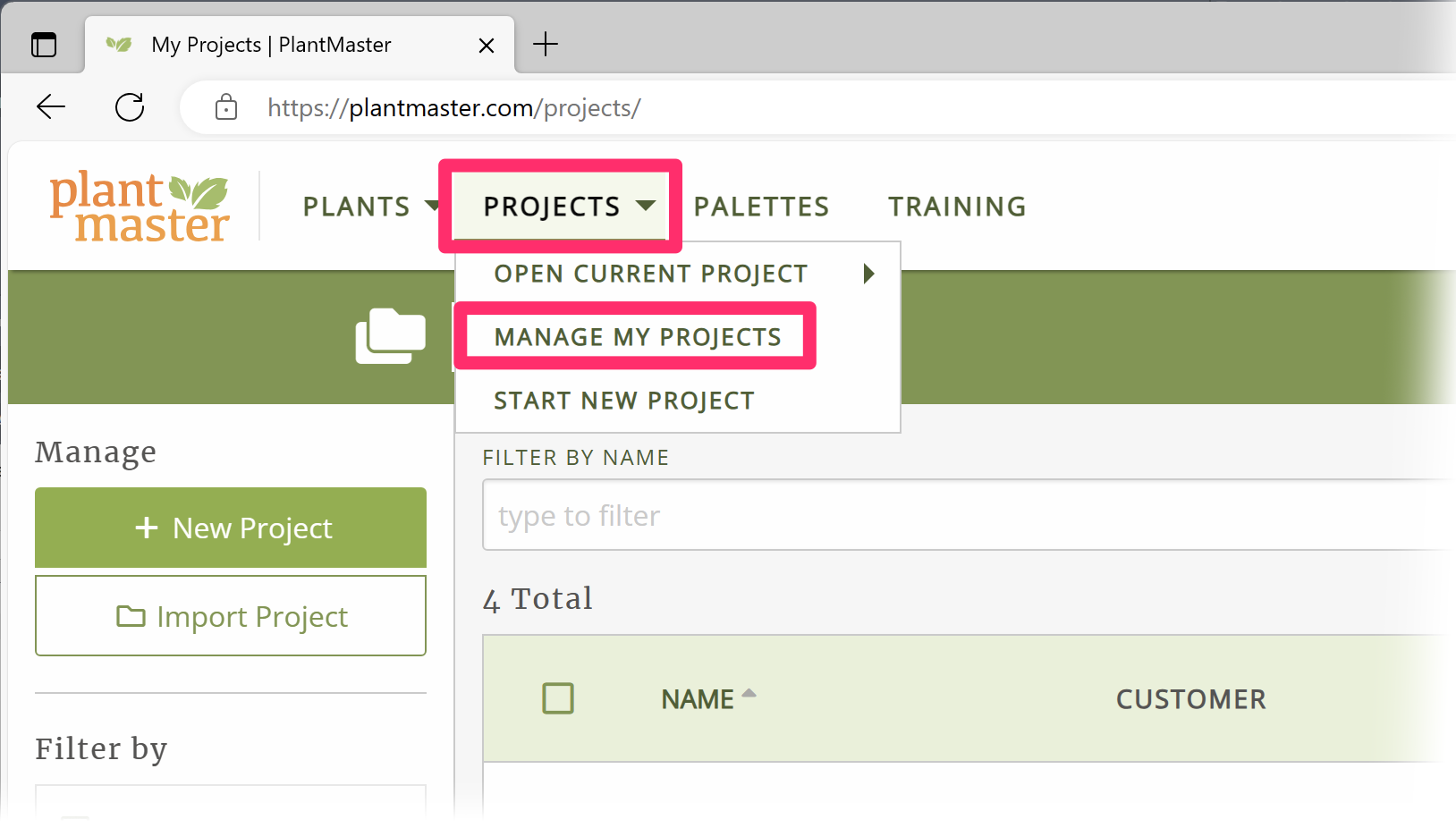 PlantMaster website, Manage My Projects option in Projects menu