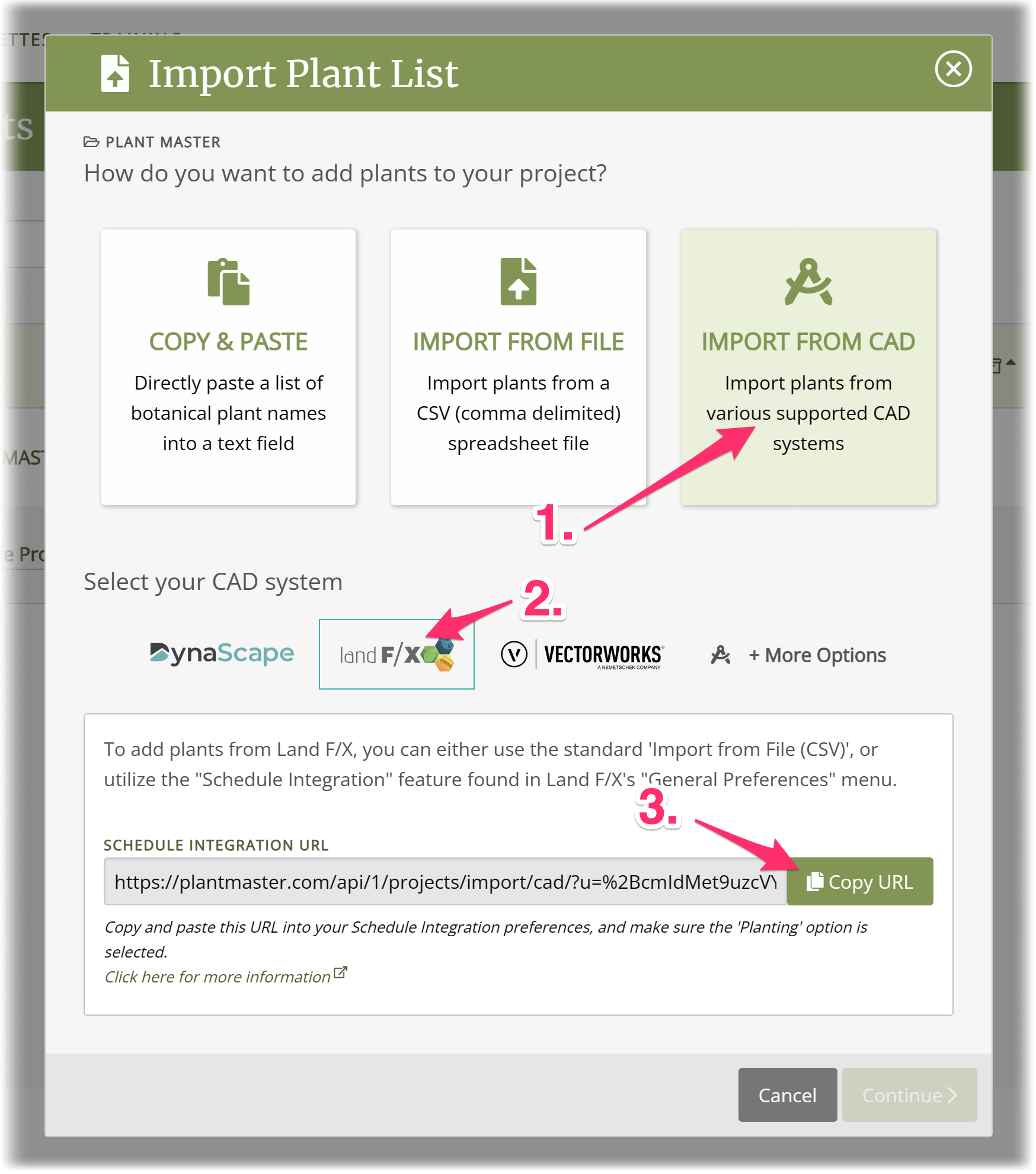 Import Plant List screen whowing Import from CAD and Land F/X buttons, and Schedule Integration URL with Copy URL button